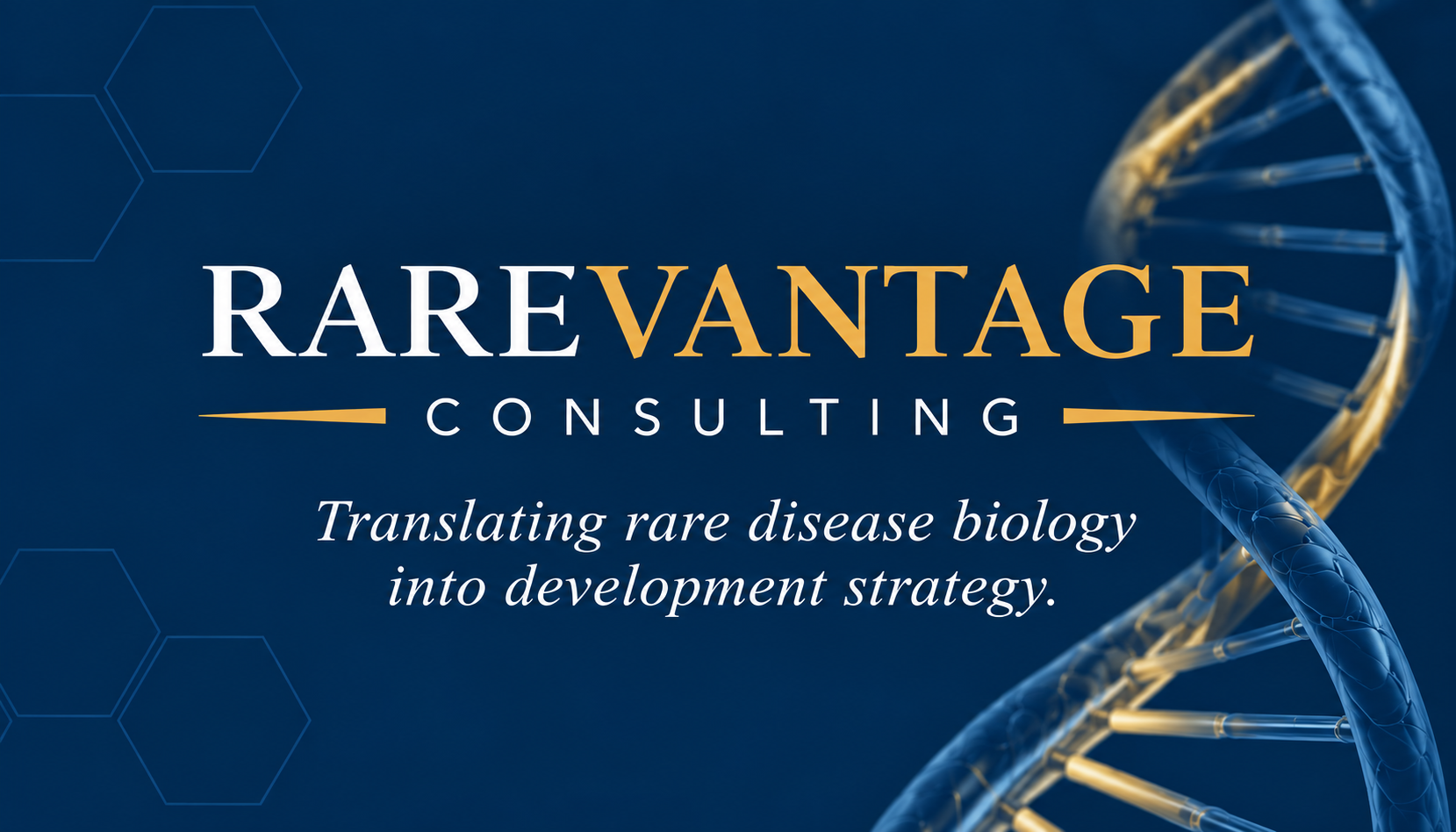 RareVantage Consulting brand artwork with a navy and gold DNA helix and the tagline: Translating rare disease biology into development strategy.